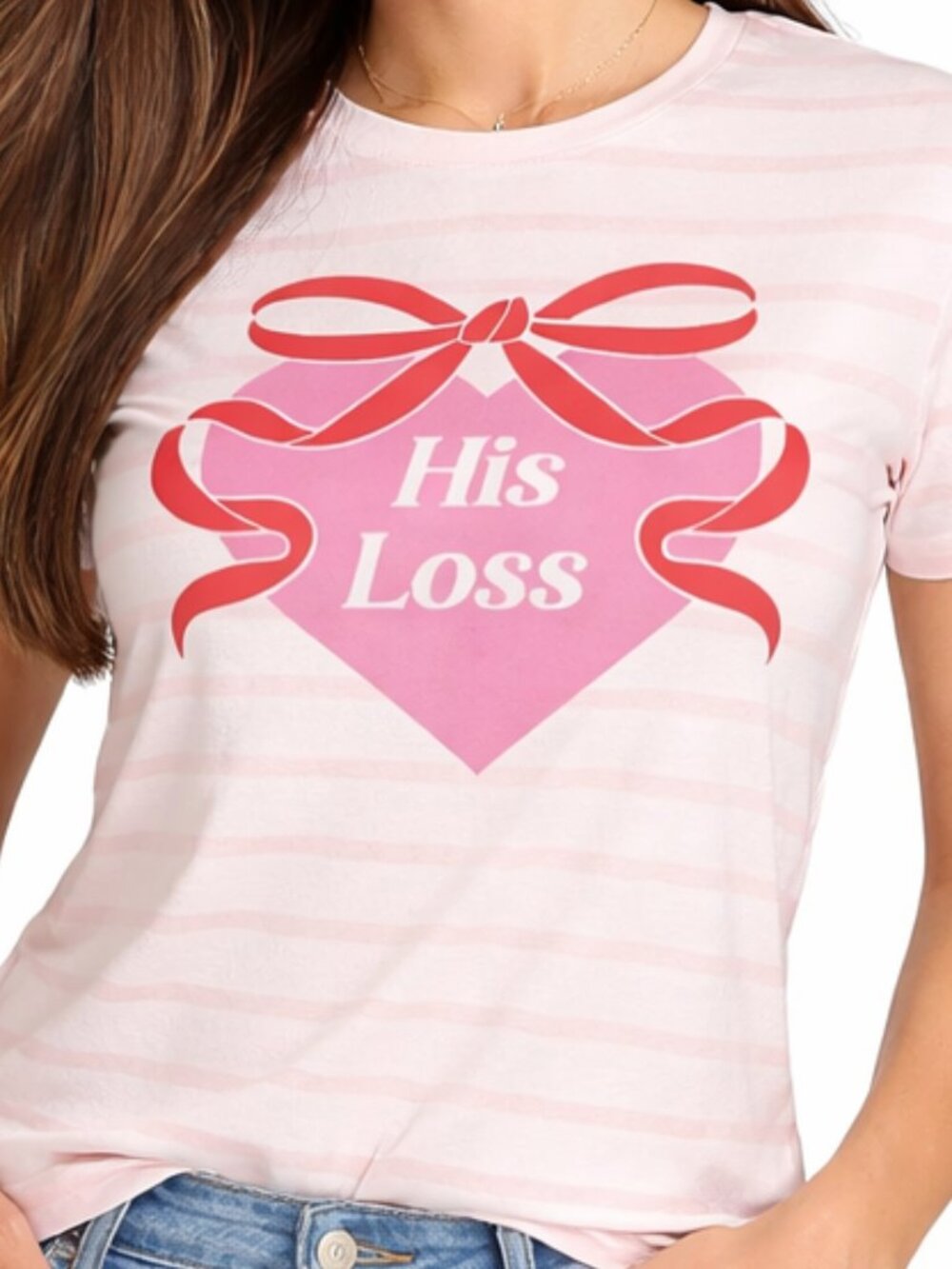 XS Womens Pink Striped “His Loss” Heart Bow Graphic T-Shirt Short Sleeve